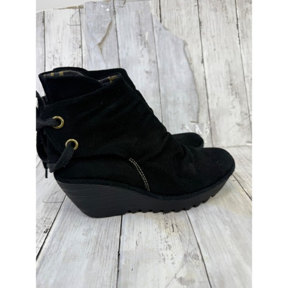 Fly London Yust Black Suede Slouchy Wedge Ankle Boots Leopard Print Lining 39